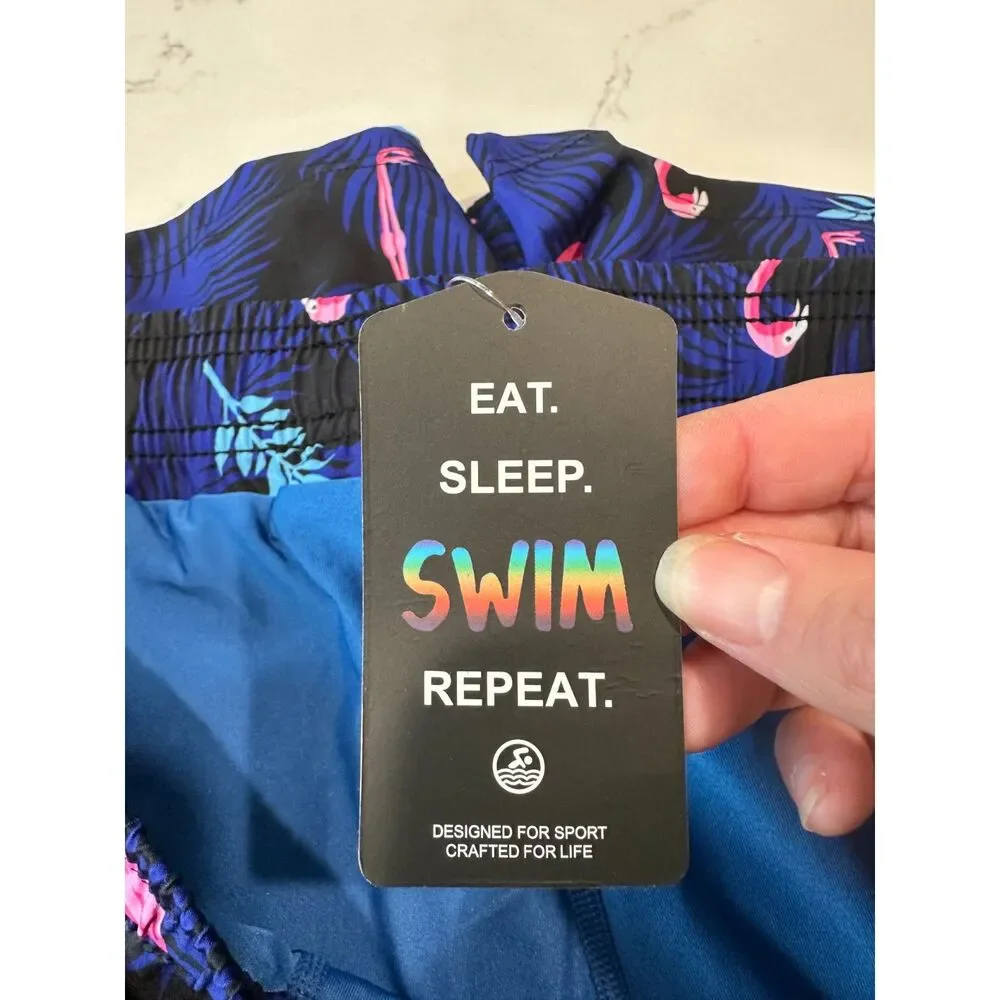 NWT Brisira Blue Flamingo Print Swim Trunks Size XL